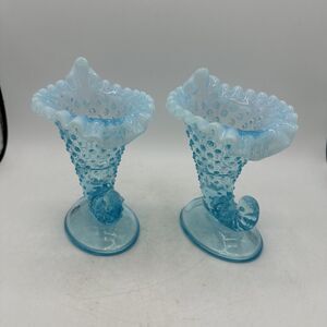 Fenton Candleholders Hobnail Blue Opalescent Cornucopia Vase Candle Holders 6”